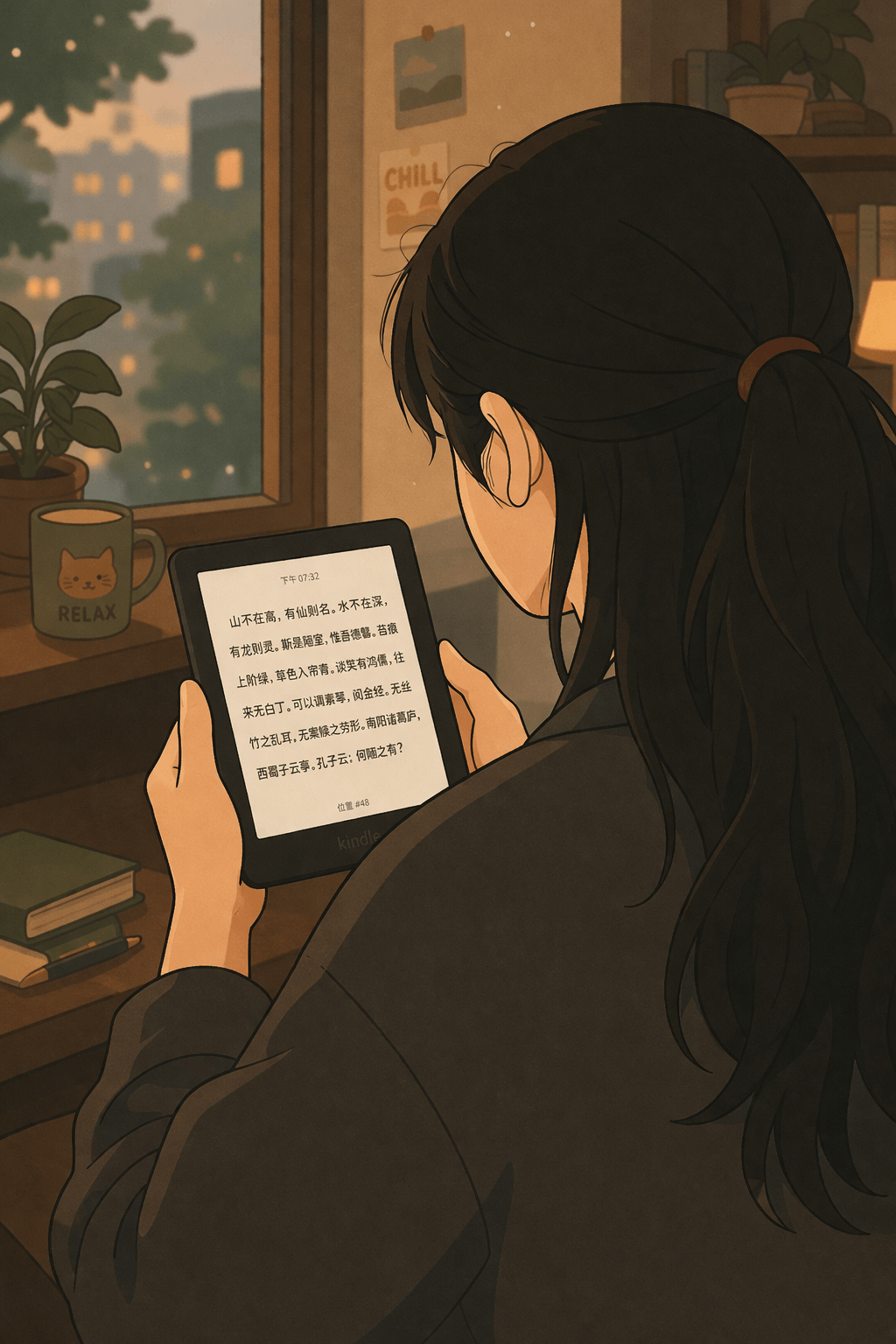 Asian man with long hair reading on a kindle.